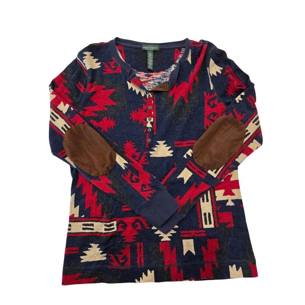 LRL Ralph Lauren Jeans Top Large Red Blue Aztec Southwestern Elbow Patch Henley